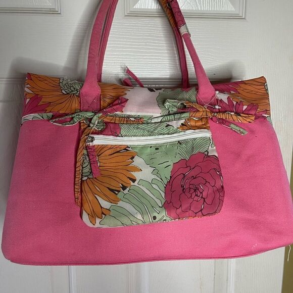 NWOT Caribbean Joe hot pink canvas with tropical prints beach tote . - Picture 8 of 13
